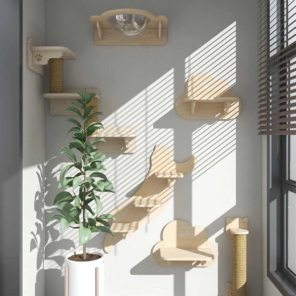 Estantes para gatos montados en la pared, poste rascador para plataforma de salto para gatos y hamaca para gatos, escalera de cuerda, muebles de madera para pared, 1 ud.