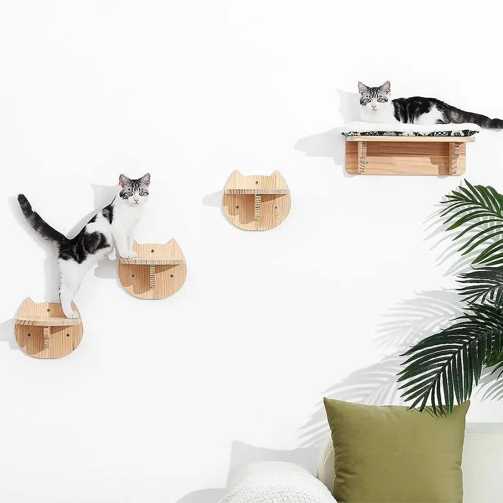 Estantes para gatos montados en la pared, poste rascador para plataforma de salto para gatos y hamaca para gatos, escalera de cuerda, muebles de madera para pared, 1 ud.